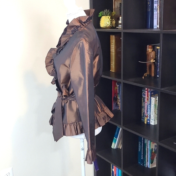 VINTAGE METAPHOR Brown Poly/Nylon Acetate Wrap V-neck Ruffle Blouse - Picture 6 of 16